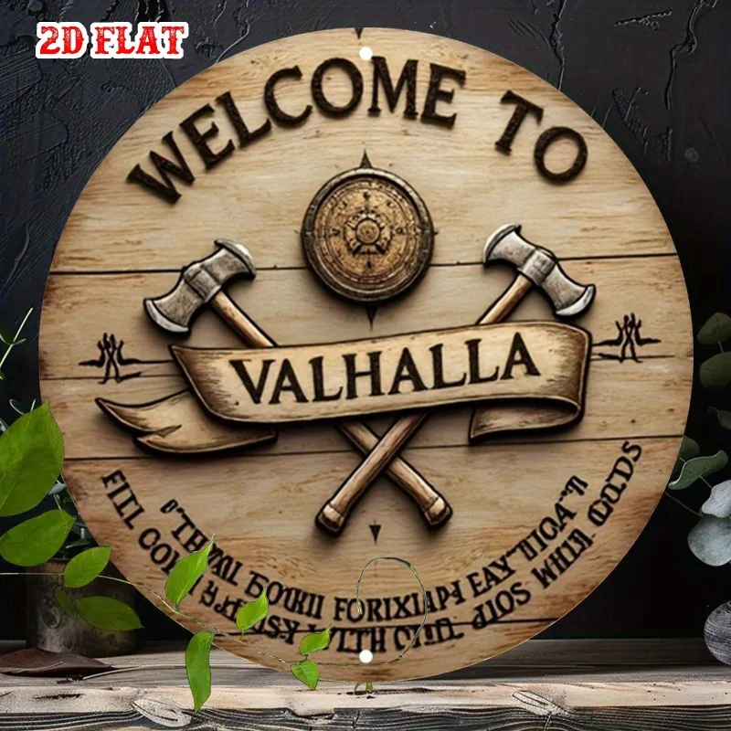 2D Flat, 1pc Viking Valhalla Metal Wall Decor - Norse Viking Shield & Axes Design - Vintage Scandinavian Battle Decor - Heavy-Du