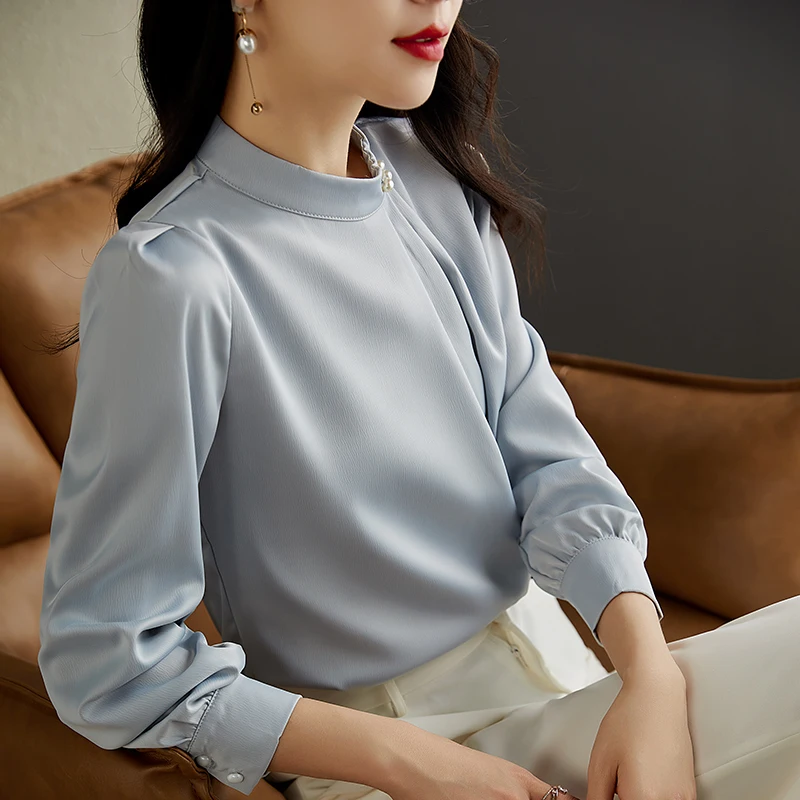 

Korea Fashion Office Ladies Elegant Chiffon Shirts Women Blouse Casual Beaded Party Tops Female Stand Collar Long Sleeve Blouses