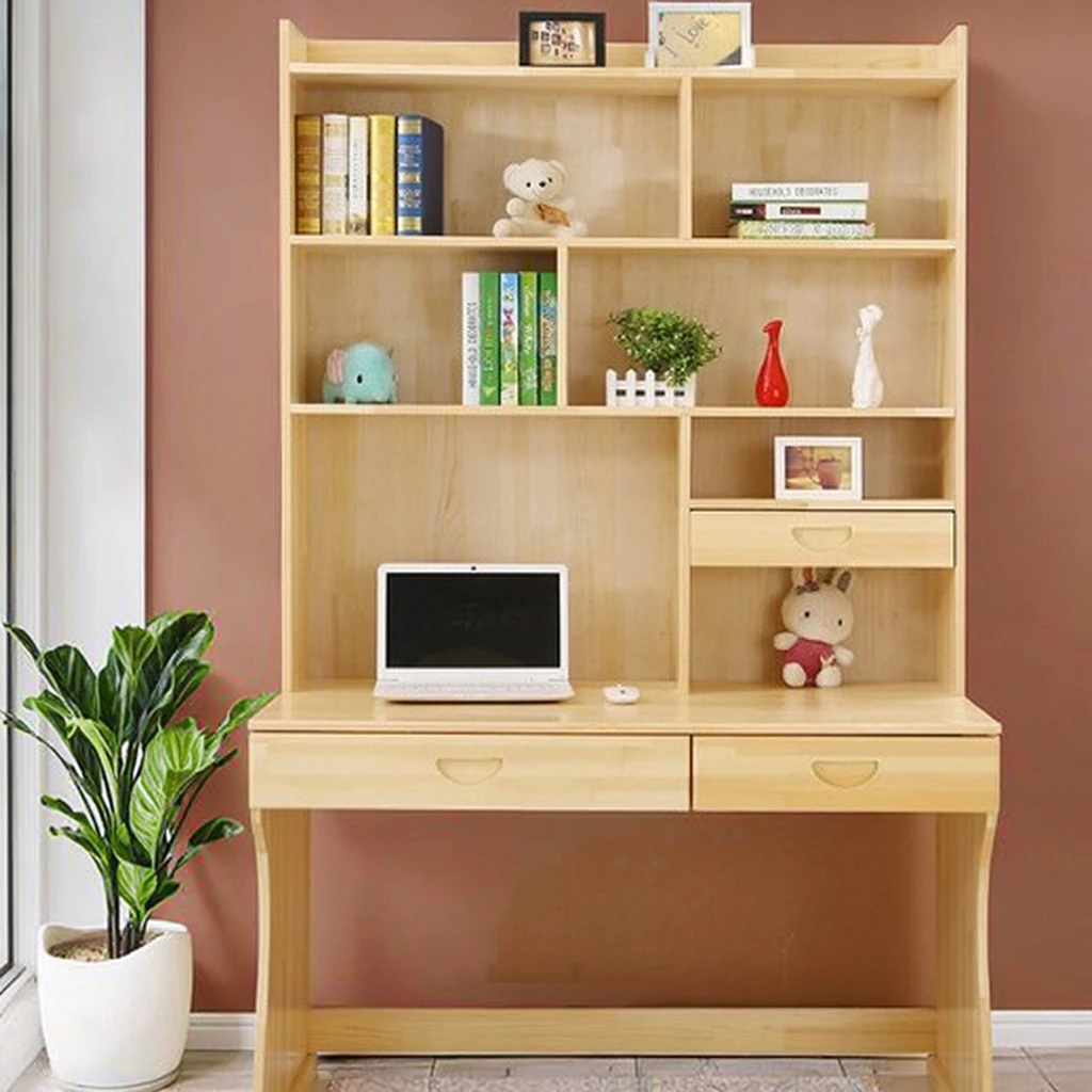 مكتب وكرسي كمبيوتر بسيط من الخشب الصلب مع رف كتب مكتبي، تصميم حديث لتعلم وكتابة الأطفال