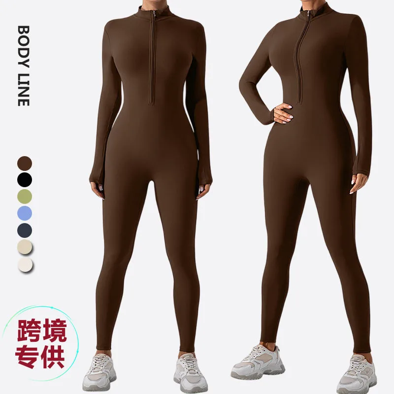 

2025 Stand Up Collar Half Zipper Long Sleeved Yoga Jumpsuit for Women Nude and High-intensity Fitness Pilates Sports Jumpsuit