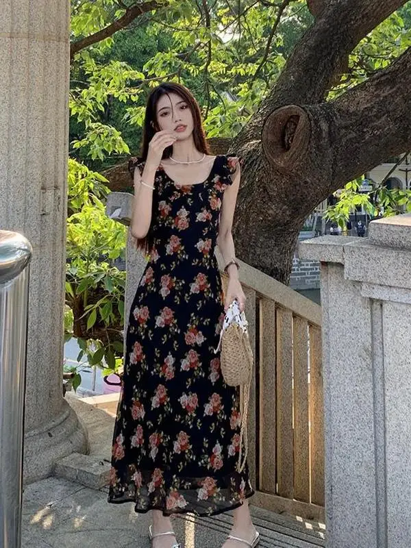 retro-floral-print-women's-dress-summer-2024-new-design-fullest-sleeve-slimming-waist-two-piece-set-floral-print-maxi-dress