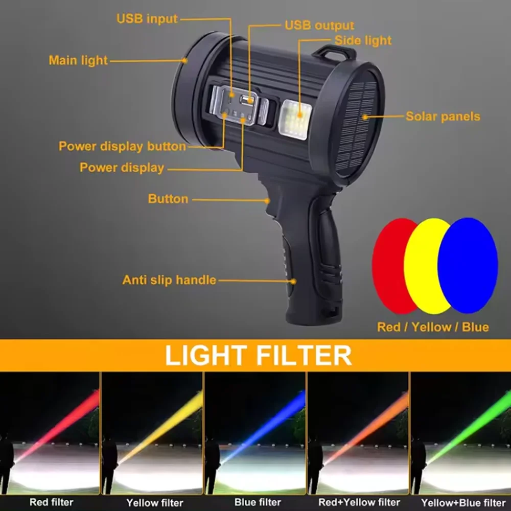 Powerful LED Flashlight Searchlight With COB Side Lamp Spotlight Long Range Finder Solar USB Rechargeable For Hunting