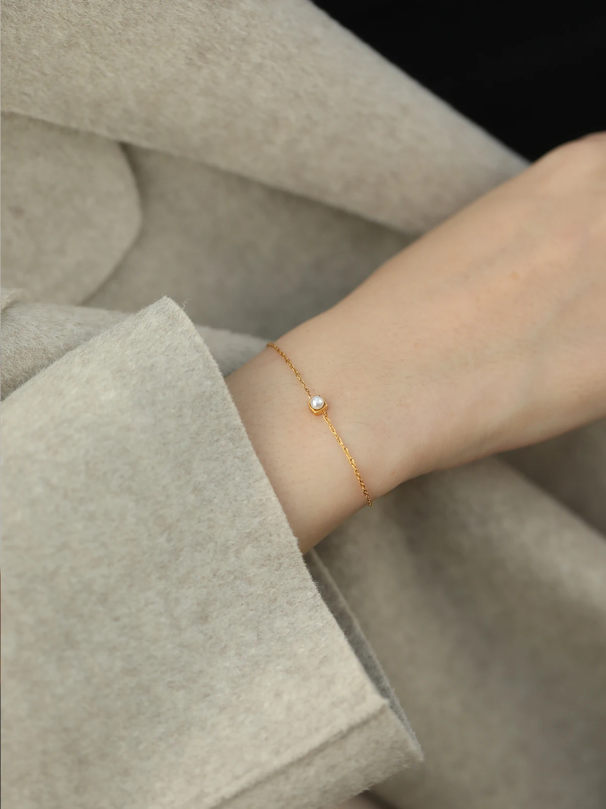 18K Gold Plated Baby Pearl Station Bracelet for Women Dainty Square Bezel Adjustable Chain Jewelry