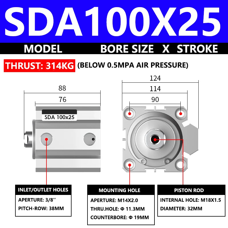 ABILKEEN SDA100X25 SDA Series Thin Air Cylinder 100MM Female Thread Bore X 25MM Stroke Double Acting Pneumatic Compact Cylinder