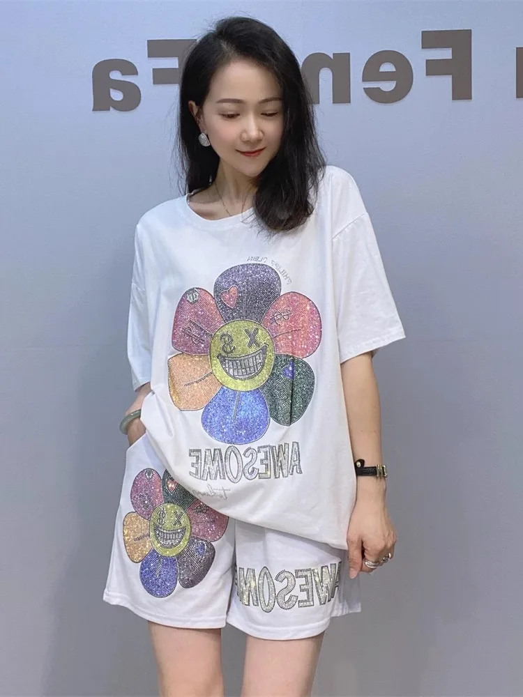 

Casual Short Sleeve Short Pants Two-Piece Set Trendy T-Shirt Shorts Combo Summer Women's Style Diamond Heat Transfer Design