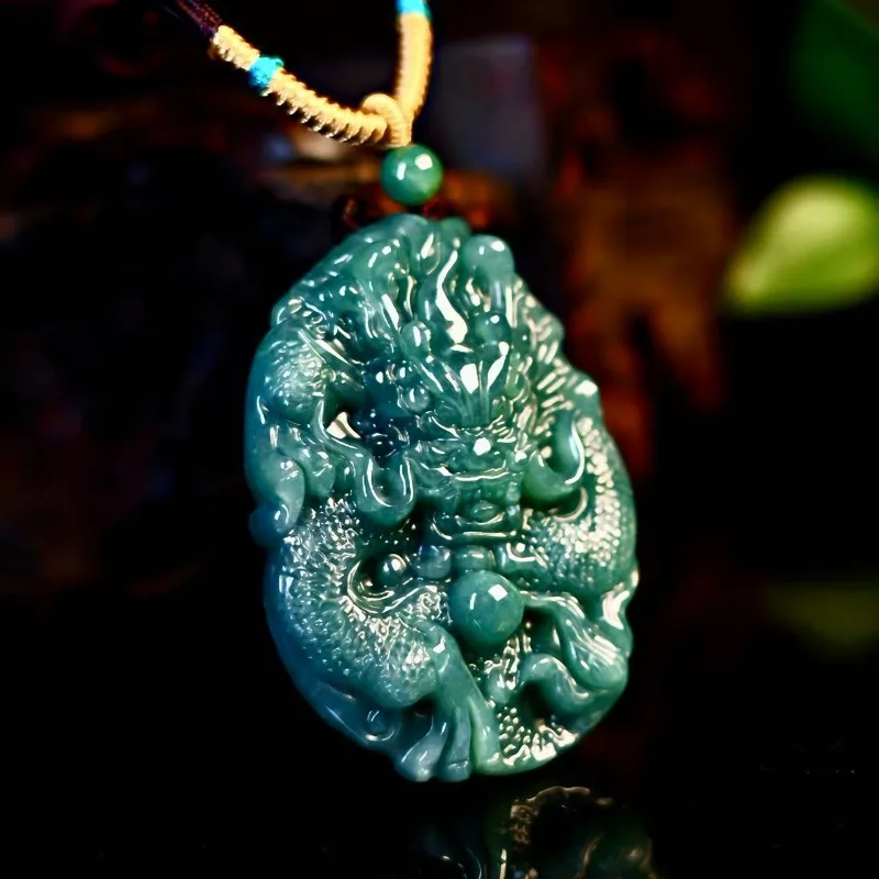 Real Natural Emerald Jade Domineering Zodiac Dragon Pendant Necklace Carved Jadeite Jewelry Fashion Amulet Gifts Certificate