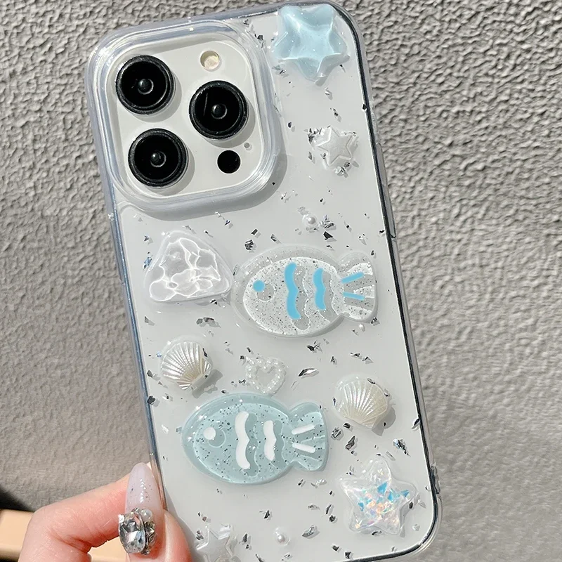 Glitter 3D Ocean Fish Pearl Silver Foil Phone Case for Iphone 16 15 13 12 11 Pro Max 14 Plus Girls Love Epoxy Clear Case