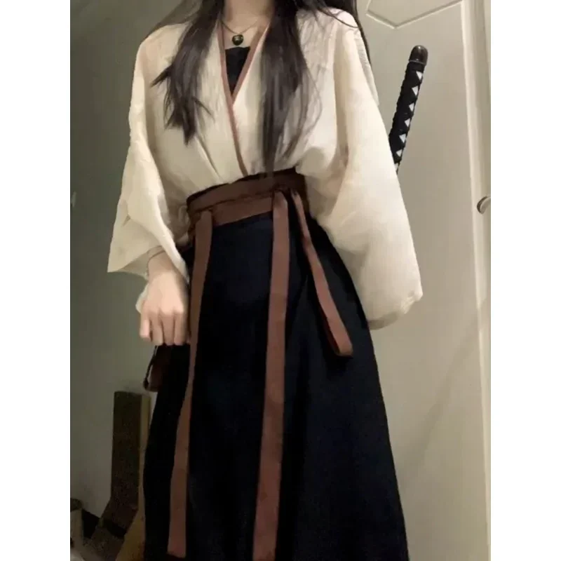 2024 Summer Improved Cotton Linen Hanfu Dress 3pcs Chinese Traditional Women's Clothing Japanese Lace Up Kimono Cosplay Heroine