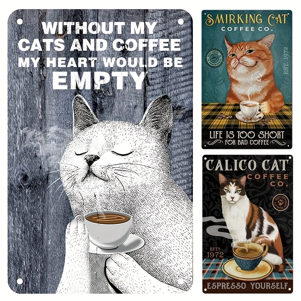 Tin Sign Painting Funny Bathroom Bar Garden Terrace Retro Metal Tin Sign Wall Decoration Calico Cat Coffee Farmhouse Decor Gift