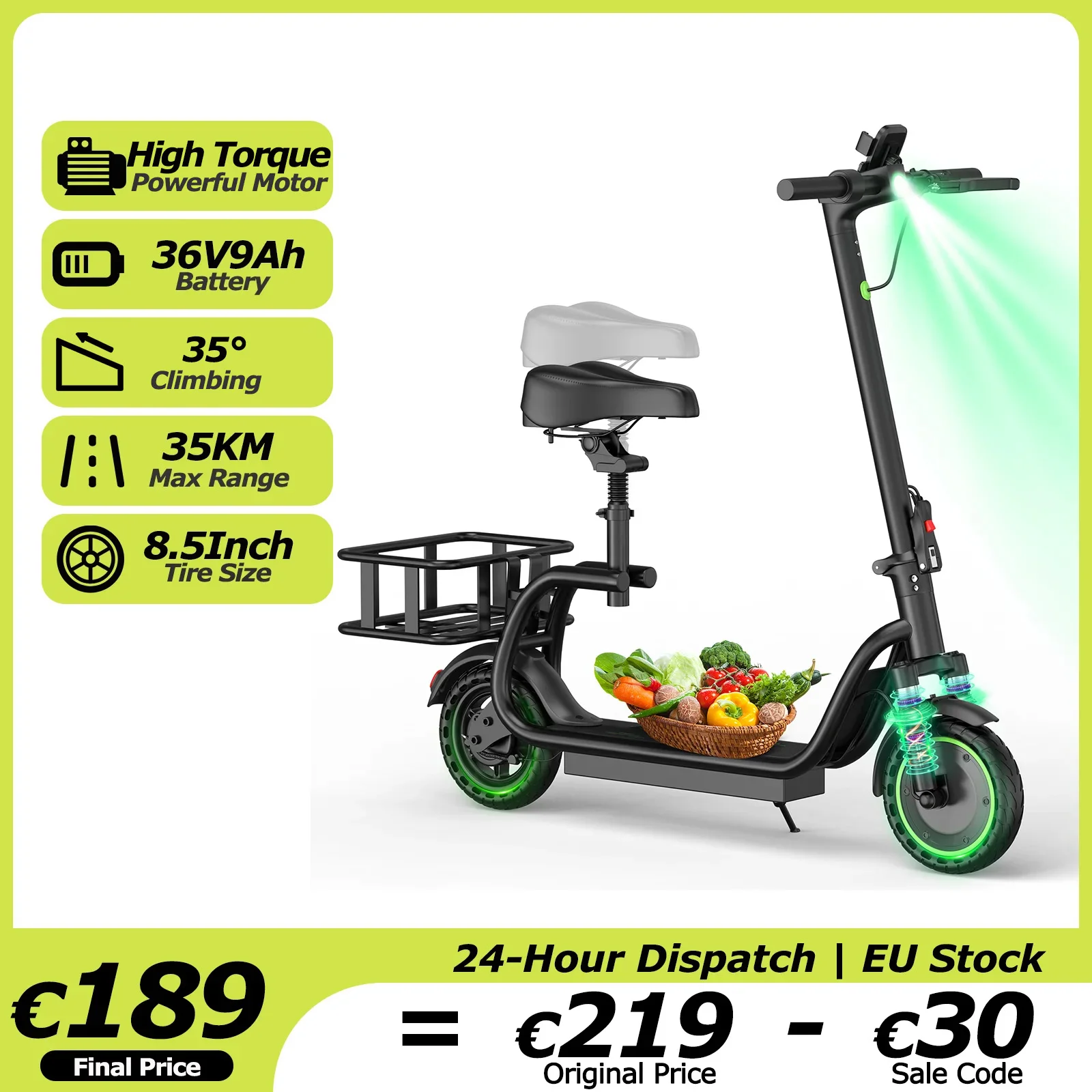 JUICEASE LPH2PRO Elektroroller Hochleistungsmotor Elektrofahrrad 36V 9Ah Batterie 35KM Reichweite Mit Sitz und Korb 8,5 Zoll Reifen Faltbarer E-Scooter E-Bike Mit APP