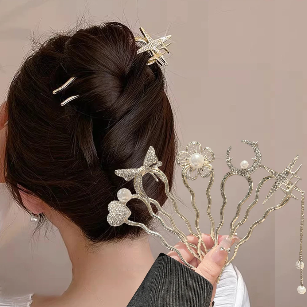 Pearl Flower U-Shaped Hair Fork Heart Moon Hairpin for Women Bow Cross Star Hair Sticks Metal Versatile Girls Hair Accessories