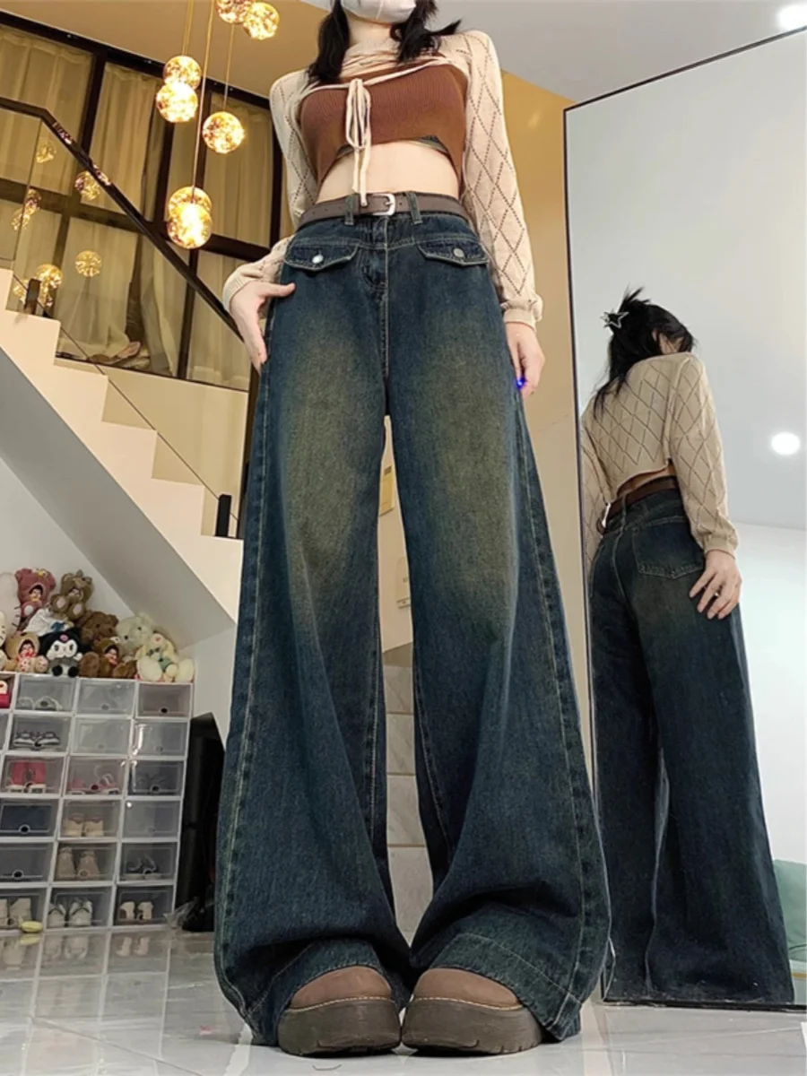 

American Style Retro Wide Leg Jeans Women's Spring Autumn plus Size Slimming Drapey Straight Long Pants High Waist Winter