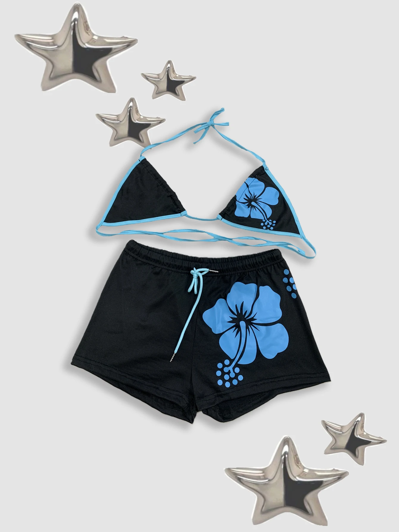 

Женский сексуальный раздельный купальник, бикини, черные шорты, простой и модный пляжный купальник с цветочным принтом и подвесным ремешком на шею