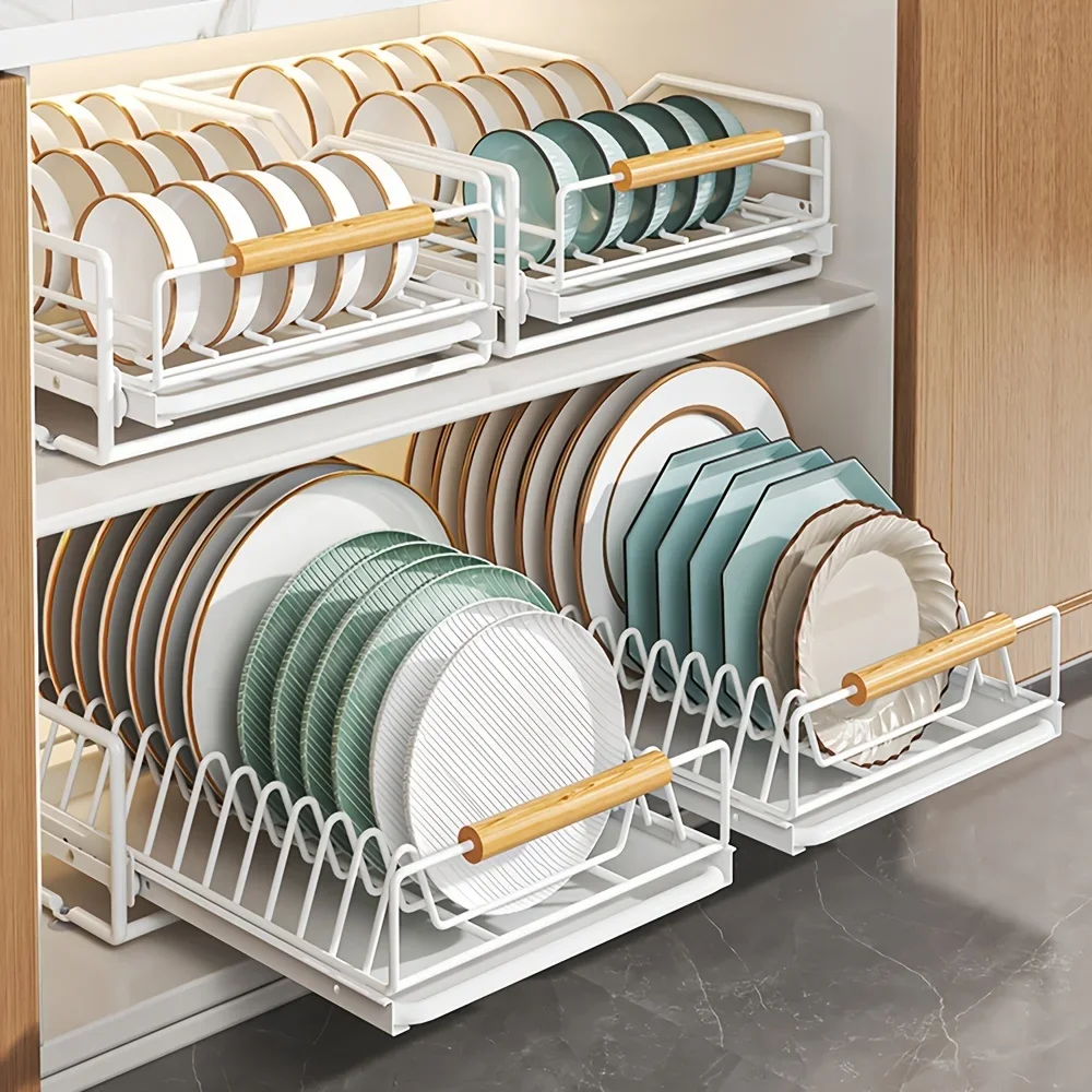 1pc Sliding Pull-Out Type Drawers For Kitchen Cabinets Metal Wire Basket Shelf With Drain Tray White Home Kitchen Supplies