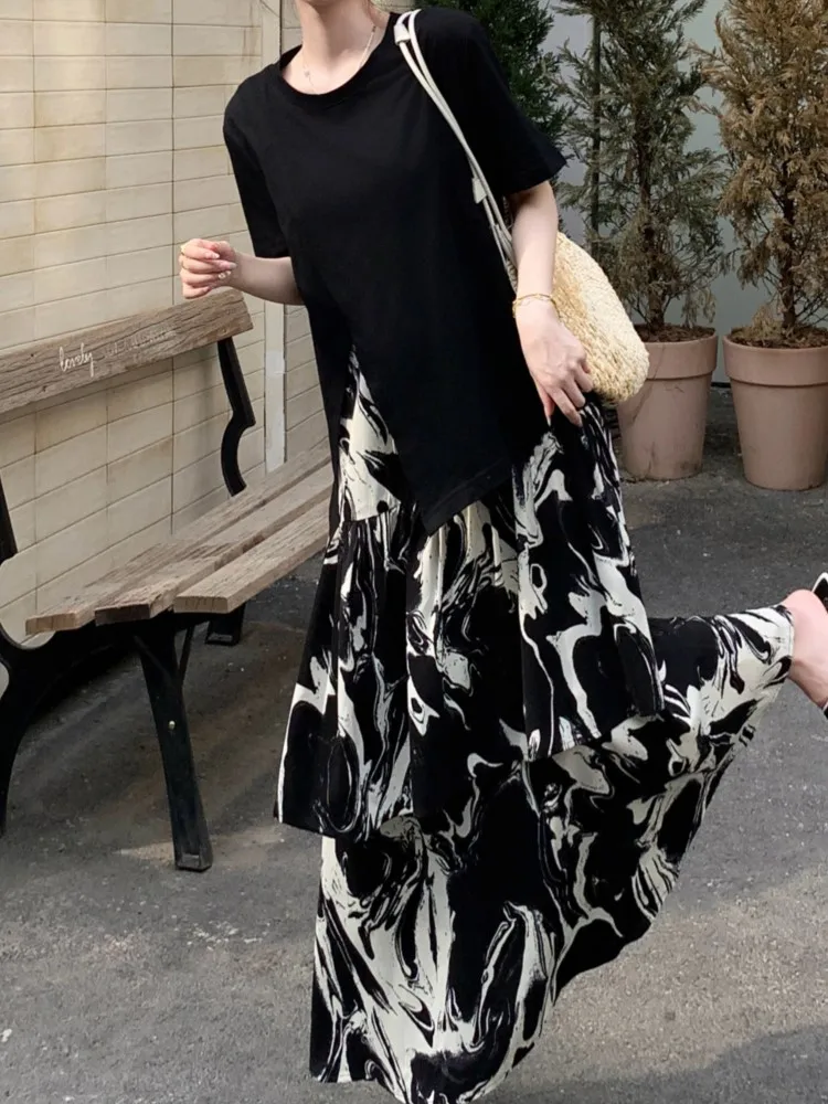 Mozigda 특대 여름 가짜 두 조각 세트 패치 워크 인쇄 꽃 드레스 여성 느슨한 긴 여자 드레스 숙녀 드레스 Vestidos