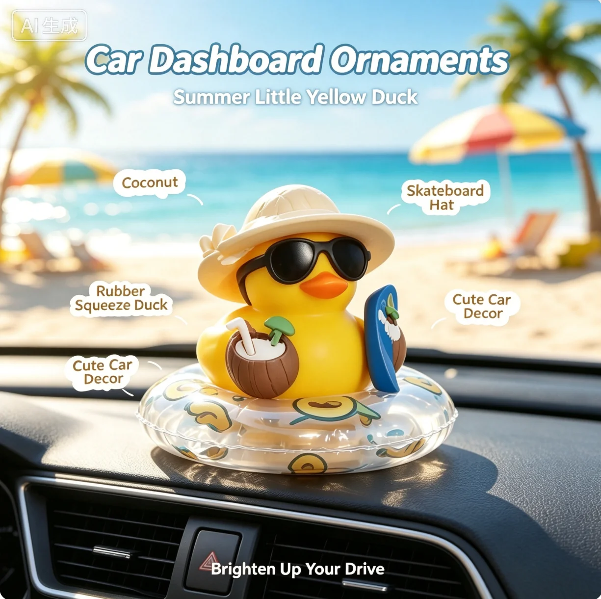 New! New! Car Dashboard Ornaments Summer Little Yellow Duck Coconut Skateboard Hat Rubber Squeeze Duck Cute Car Decoration