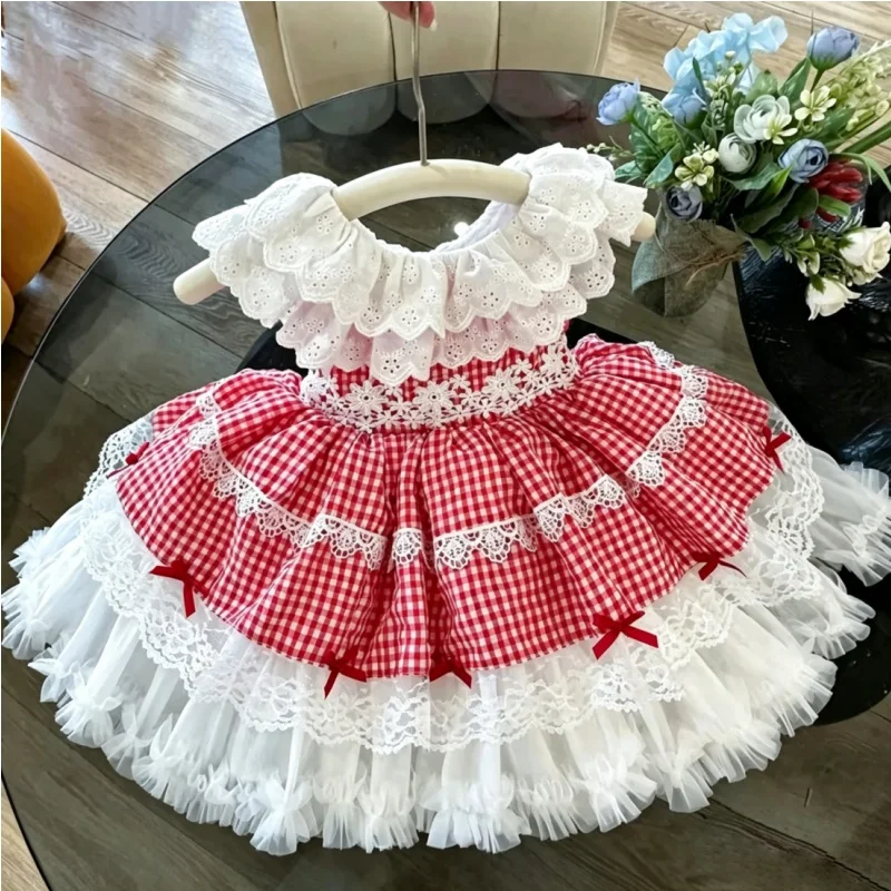 Summer Sweet Baby Girls Red Plaid Lolita Dress Off Shoulder Lace Ruffle Tiered Skirt Toddler 1st Birthday Party Christmas B651