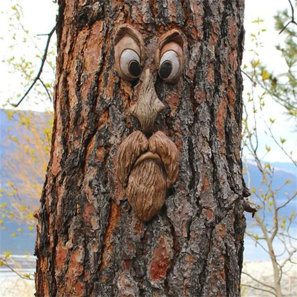 

Outdoor Funny Tree Face Decoration Resin Enchanting Garden Multi Scene Application Bark Ghosts Face Sculpture Garden Ornament