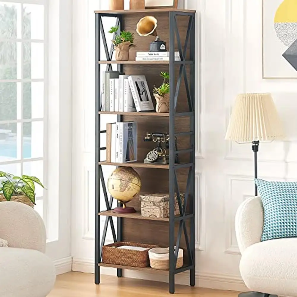 6-Tier Industrial Bookshelf with Cabinet Design Freestanding Rustic Wood Metal Bookcase Home Office Kitchen Bedroom Living Room