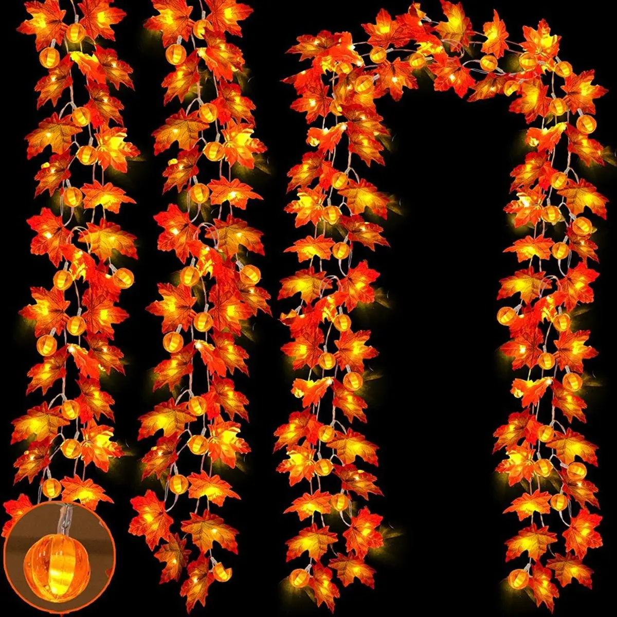 NEW Fall Garland with Pumpkin Lights Halloween Fall Decorations for Home,3D Pumpkin Fall Lights Leafed Battery Operated