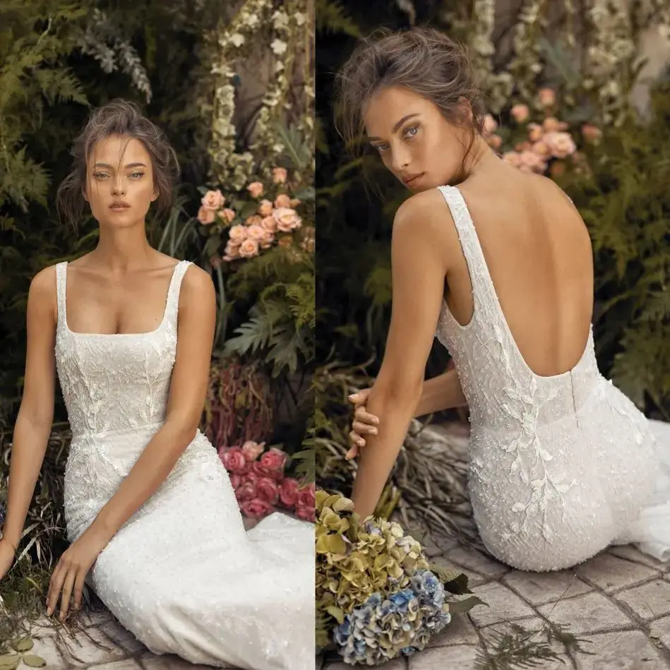 Eleganckie suknie ślubne kwadratowy dekolt koronkowe aplikacje suknie ślubne Backless pociąg typu Sweep suknia ślubna syrenka Vestidos dostosowane