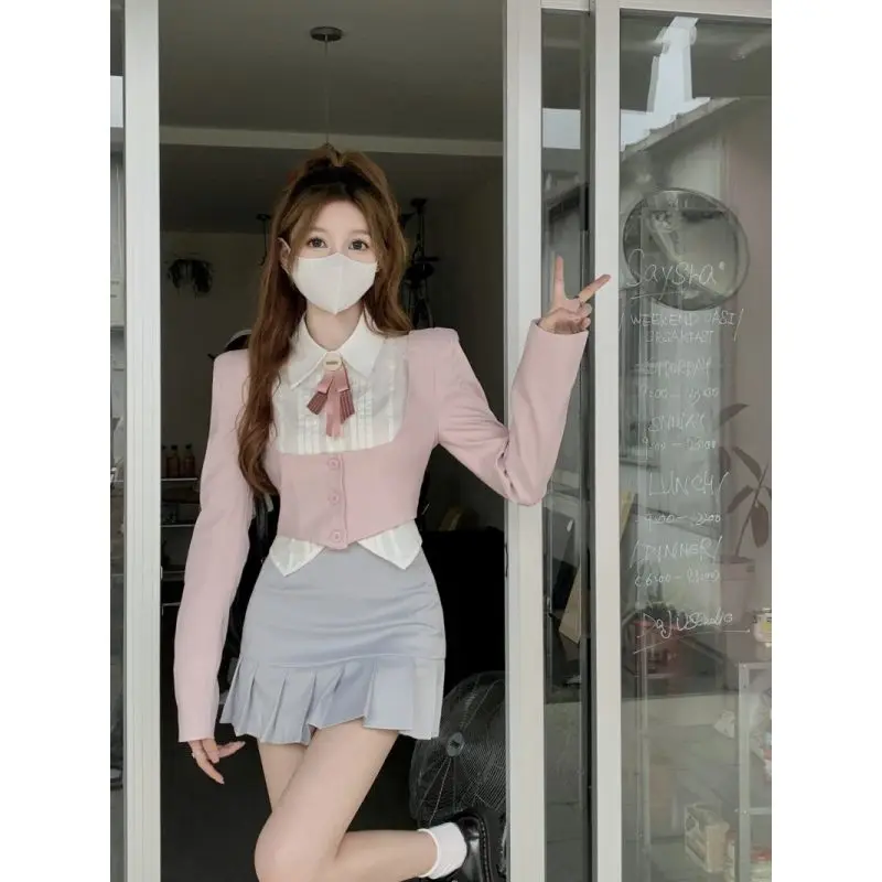 Fashion 3 Piece Set Skirt Woman Kawaii Uniform Suit Casual Shirt + Pink Short Tops + Slim Y2k Mini Skirt Japanese 2023 Autumn