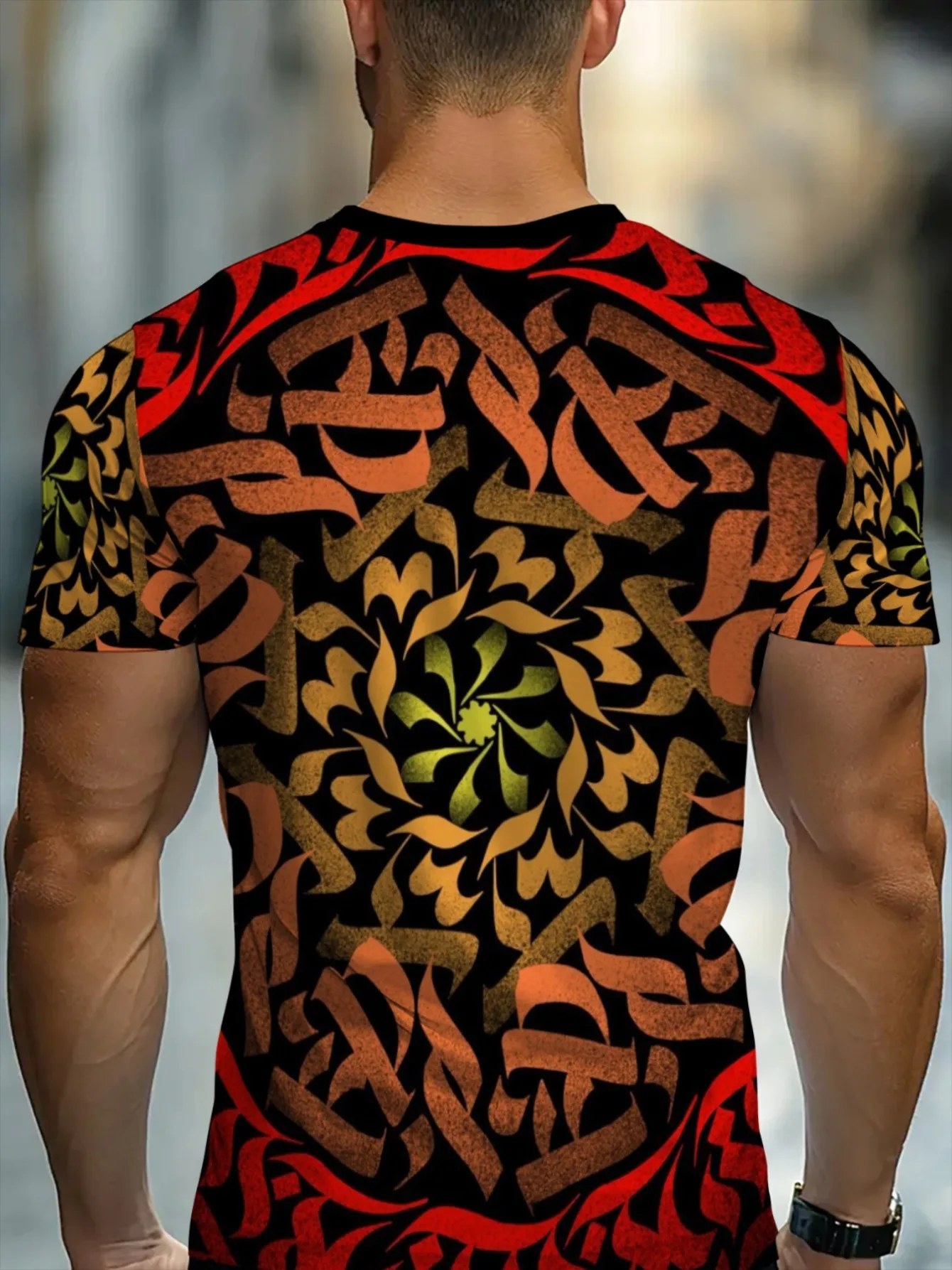 Men Gradient Tribal Swirl Abstract Print Crew Neck Short Sleeve Back Print Tee