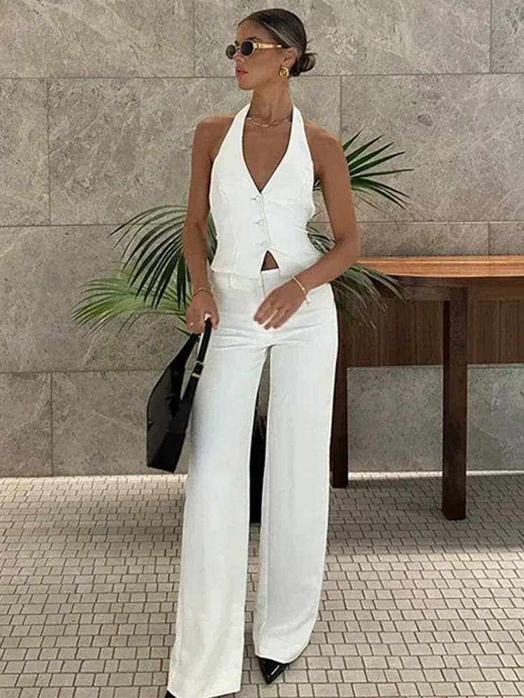 Solid Halter Sleeveless Women Tank Sets Slim Straight Lady Long Pants 2 Pieces Set 2024 Sexy Summer Elegant Female Vest Suit