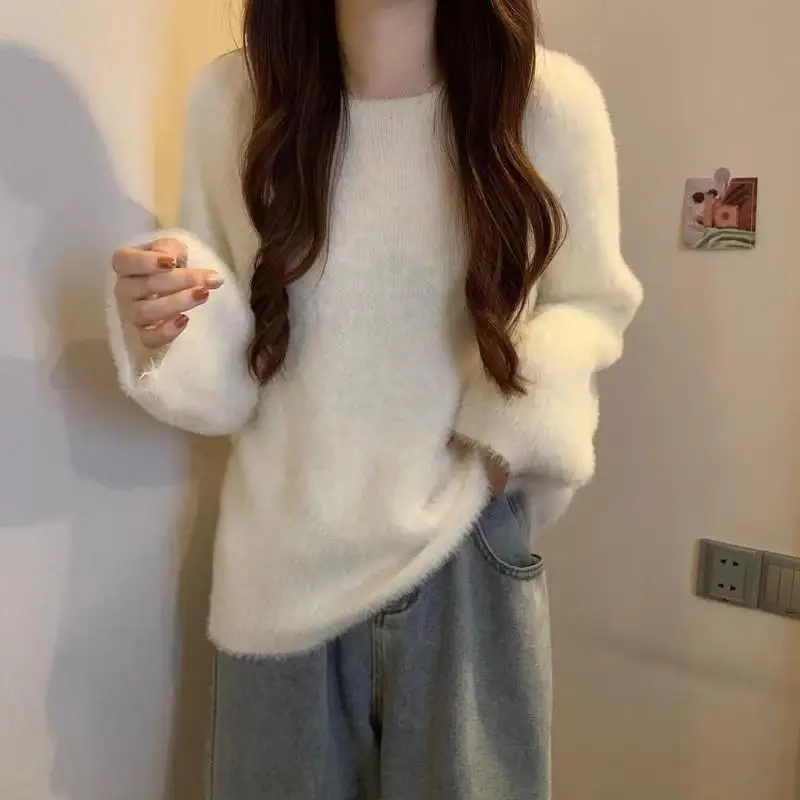 Loose Artificial Mink Fur Women's Western Style Students Warm-KeepingvCollar Long Sleeves Inner Wear Bottoming Sweater Top