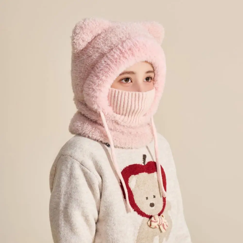 Wool Knit Hat Kids Knit Hat Cozy Plush Bear Ear Winter Hat with Face Guard Neck Warmer for Kids Windproof Warm for Weather
