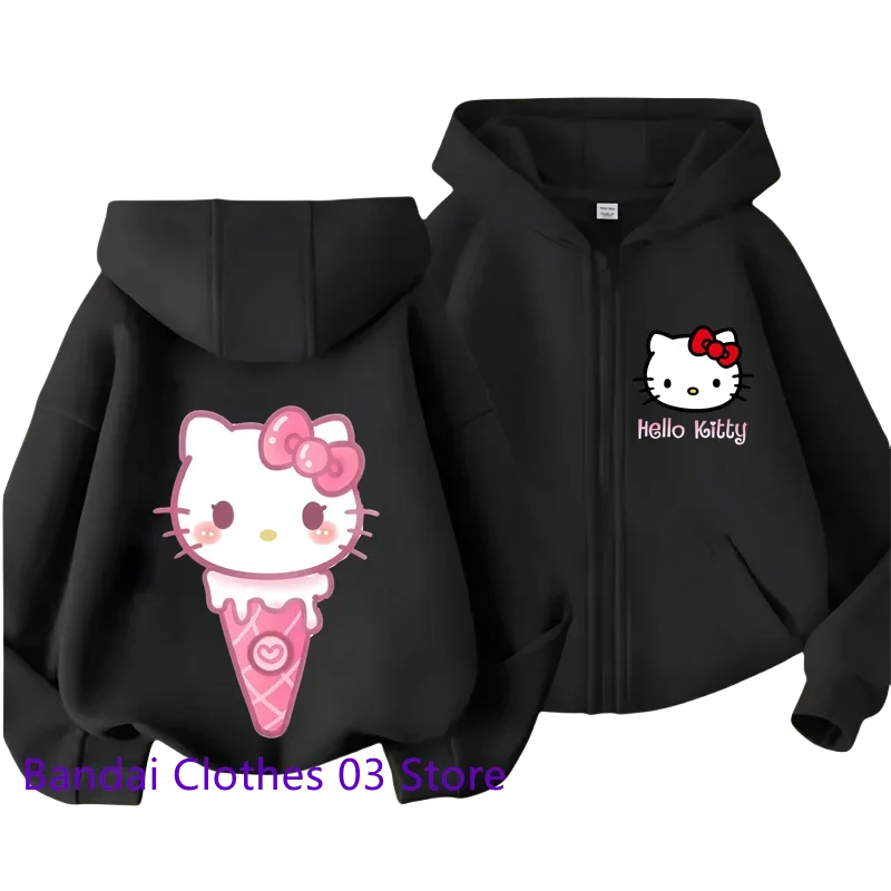 2024 Hello Kitty New Pin Zipper Hoodie Girls Sweatshirt Autumn/Winter Long Sleeve Jacket Harajuku Jumper Pin Casual Hoodie Top