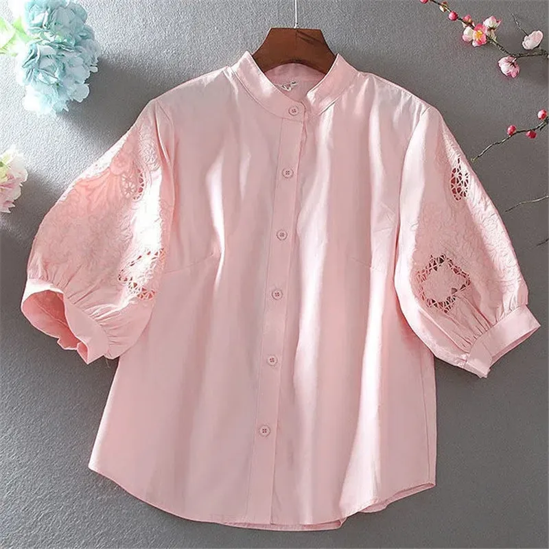 Cotton Hollow-out Embroidered Shirts 2023 New Summer Loose Single Breasted Women\'s Blouse Lantern Sleeve Elegant Tops Feminine