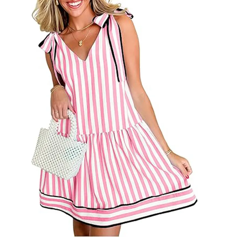 Dames à la mode col en v à lacets jupe courte a-ligne jupe rayé robe imprimée été décontracté épaule à lacets robe