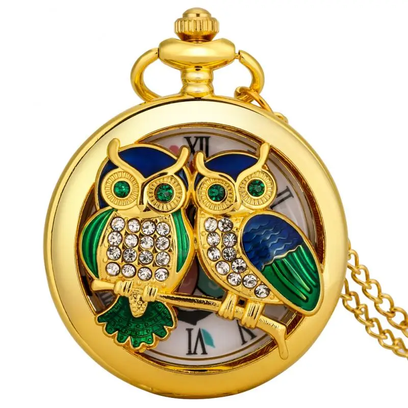 

Charming Diamond-encrusted Luxury Owl Golden Handicraft Artwork Hollow Quartz Pocket Watch Necklace Sweater Pendant Chain Clock