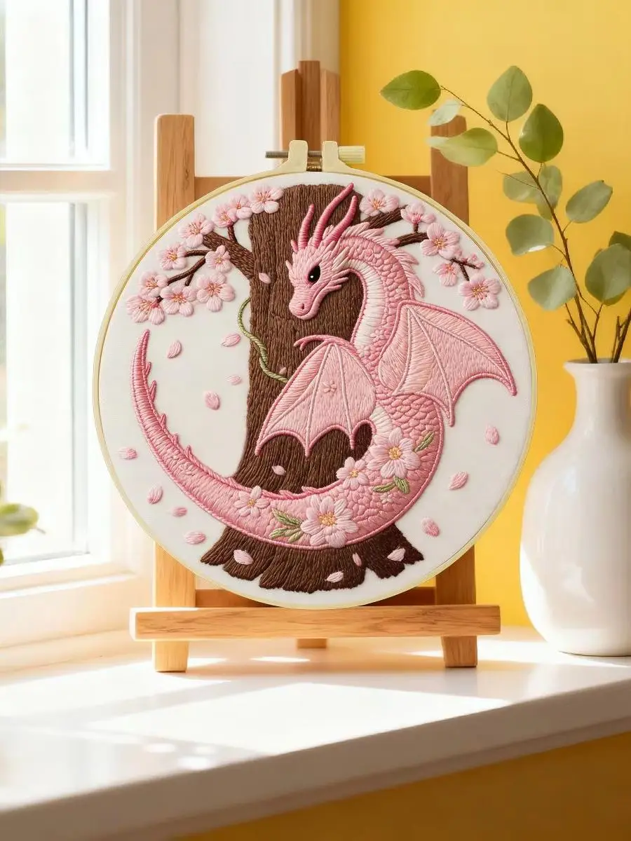 1 Stück 20X20CM/15X15CM 7,87/6,3 Zoll Das Rosa Drachen-Stickerei-Starter-Kit DIY-Kit DIY-Stickerei-Set Handarbeiten Nadelkunst – Detail 6