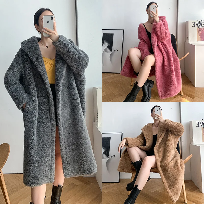 

New M family teddy bear coat silhouette teddy grain alpaca sheared coat women's medium length cashmere coat women's woolen coat