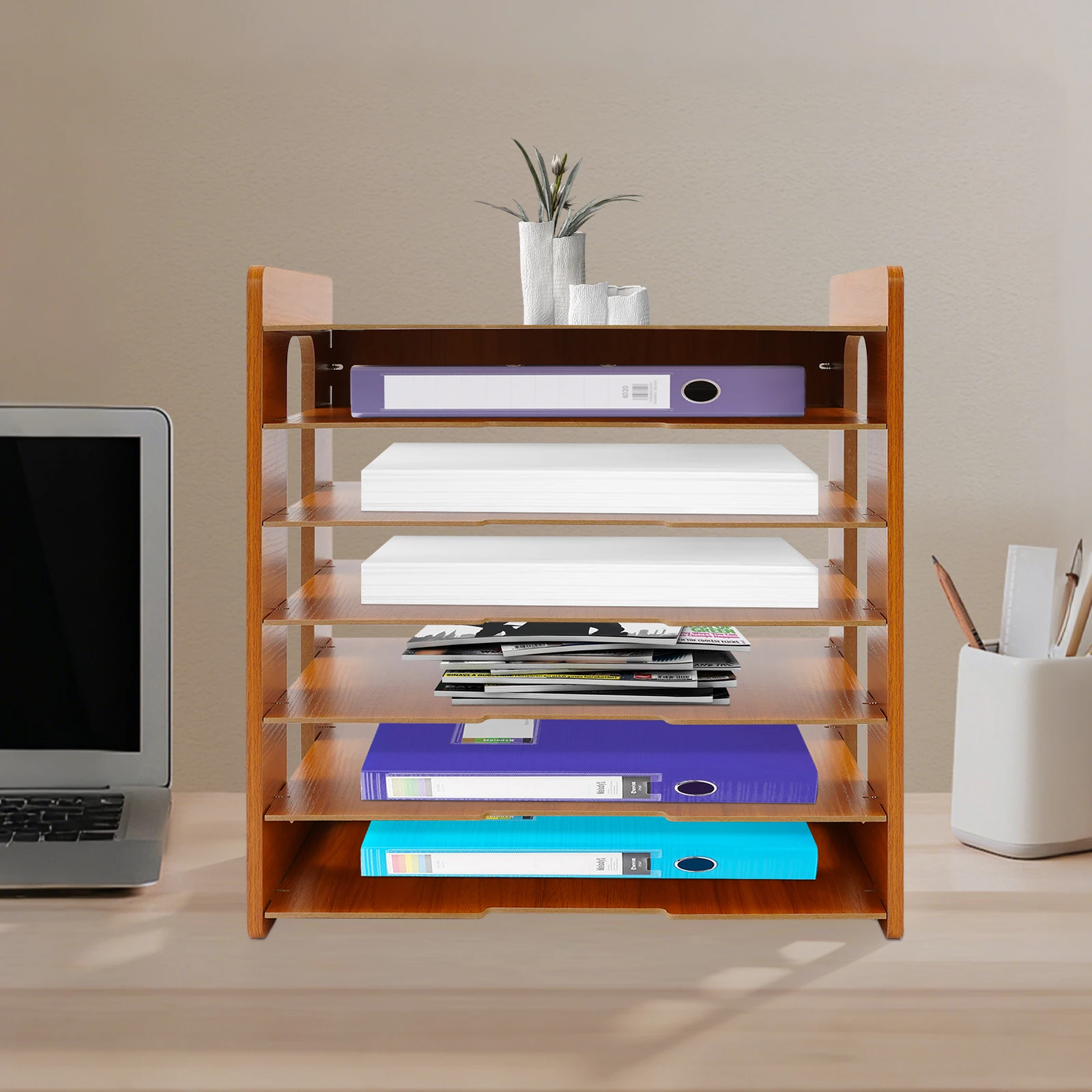 7 Tiers Widen Wood Document, Office Paper Organizer, Rectangular Desk Desktop File Holder Desk Letter Tray, 4-5kg/ 8.81-11.02lbs Overall Load-Bearing Capacity