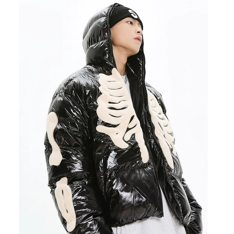 Winter Retro Skeleton Parka Men Bright Jacket Hip Hop Street Harajuku Y2k Thicken Warm Padded Coats Loose Windproof Coat Unisex