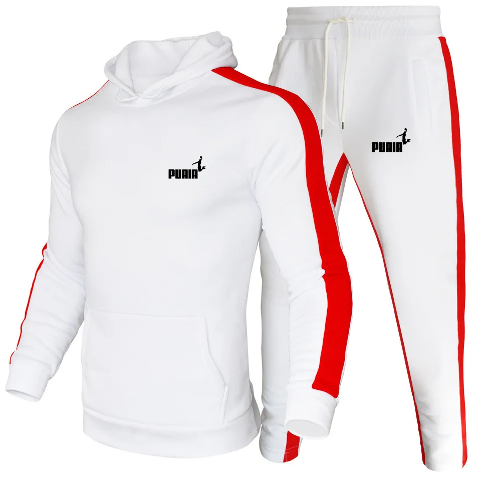 Quality Mens Tracksuit Printing Casual Hooded Sweatshirt 2 Pcs Set Fitness Sports Suit Street Trend Stripe Jogging Mens Clothing image 3