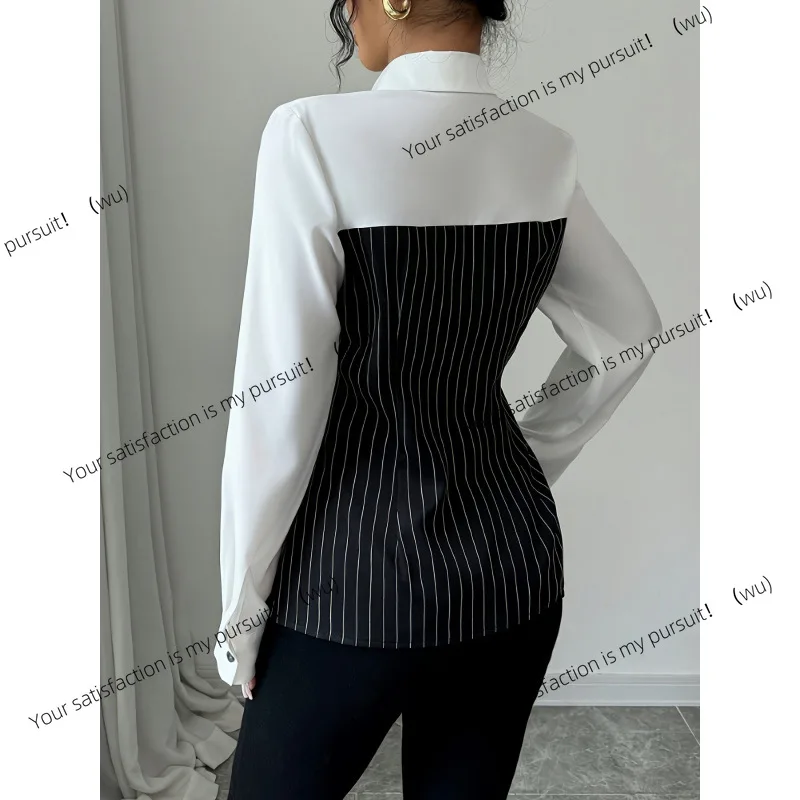 

ZOCI-shirt collar single-breasted spliced striped shirt