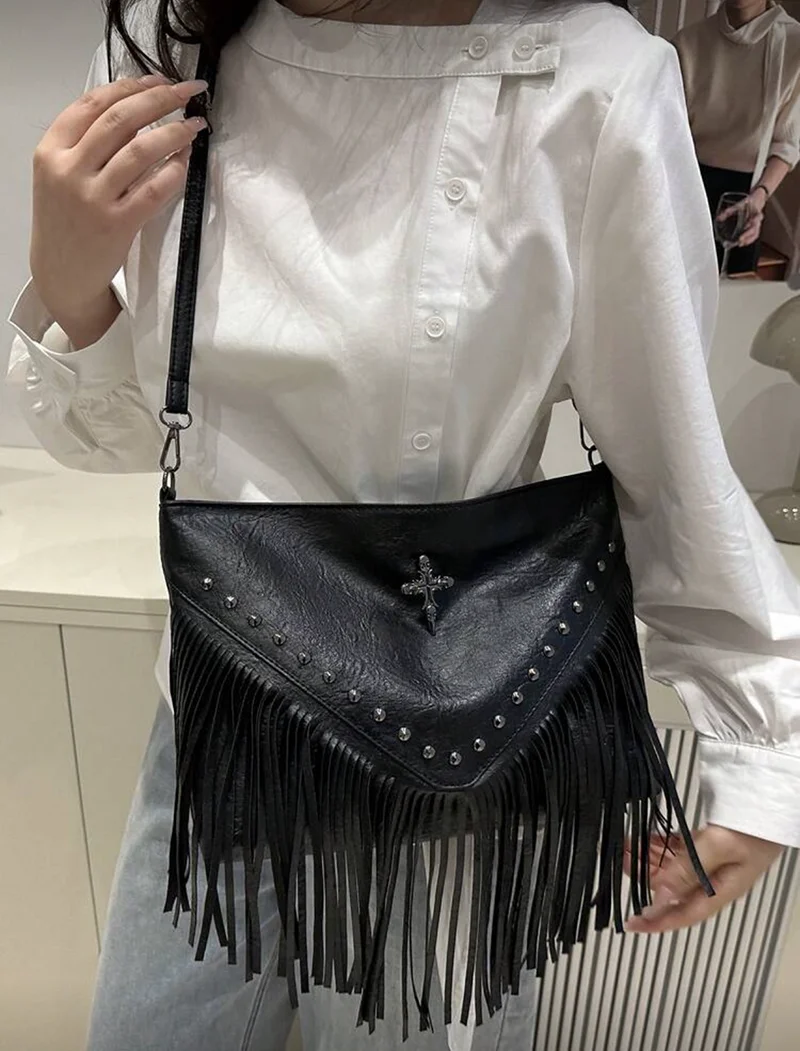 Fashionable Retro Leather Crossbody Bag, Bohemian Style Shoulder Bag, Square Wallet with Tassel and Rivet Cross Decoration, for Casual Travel and Daily Use, Portable Business Work Backpack, Crossbody Bag, Hobo Style Tassel Crossbody Wallet, Small Handbag view 2