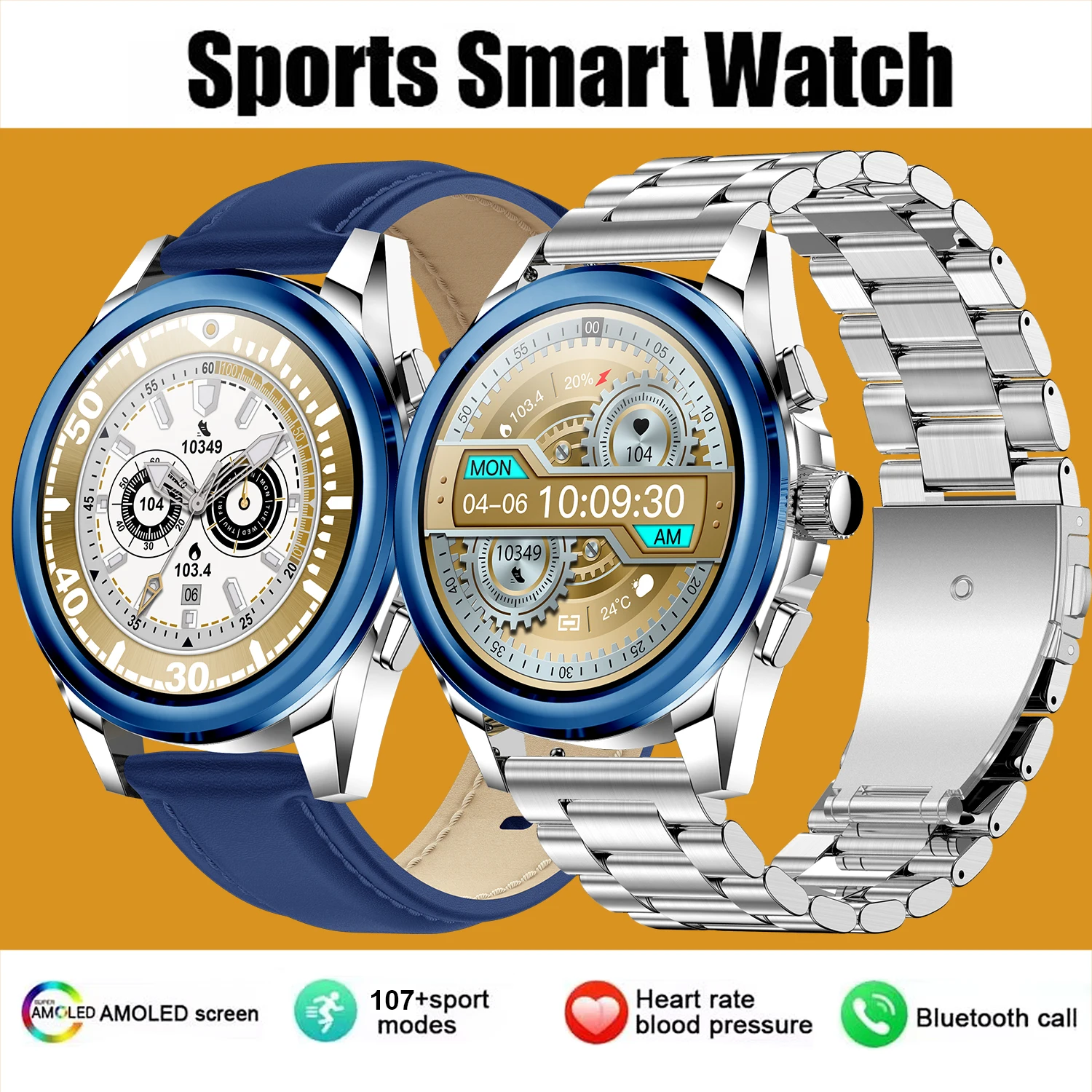 Fashion smartwatch Bluetooth call music playback, men's sports health heart rate monitoring, suitable for Android and iOS