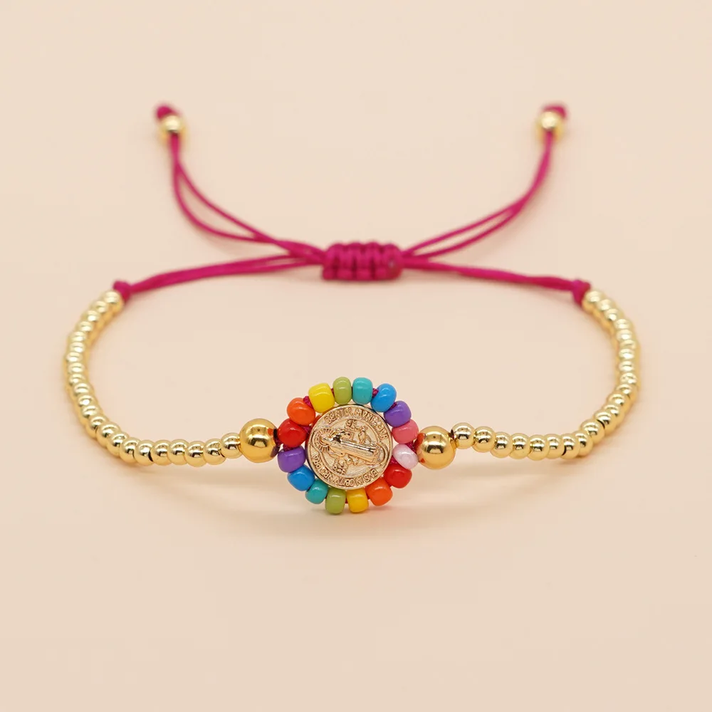 Bohemian Flower Jesus Charm Miyuki Bead Pulsera Pendant Women Handmade Friendship Fashion Jewelry Gold Plated Copper Bracelet