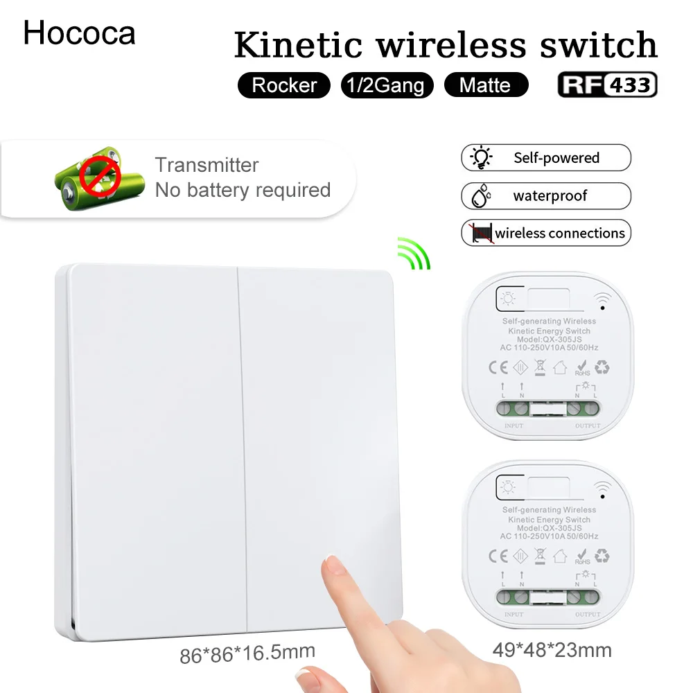

Borderless No Battery Waterproof Kinetic Wireless Switch 1/2 Gang Rocker Type 86 Panel 110-250v Ac Remote Control Switches