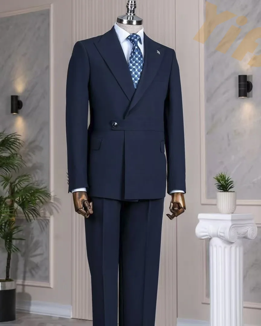 

Комплект из 2 предметов: темно-синий мужской костюм с боковыми застежками, уникальный дизайн, брюки и пиджак, свадебный комплект, мужской блейзер и брюки для ужина или вечеринки