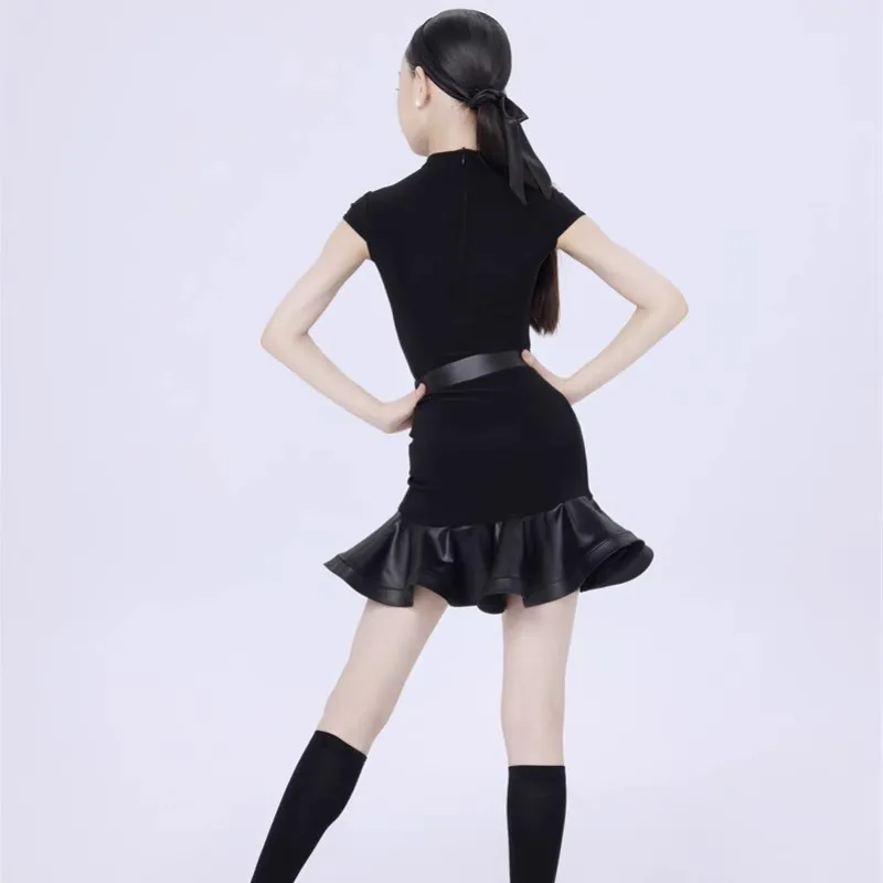 بدلة رقص لاتينية مخصصة للفتيات بأكمام قصيرة ملابس ممارسة راقية مجموعة تنورة على شكل هيكل السمكة زي الأداء