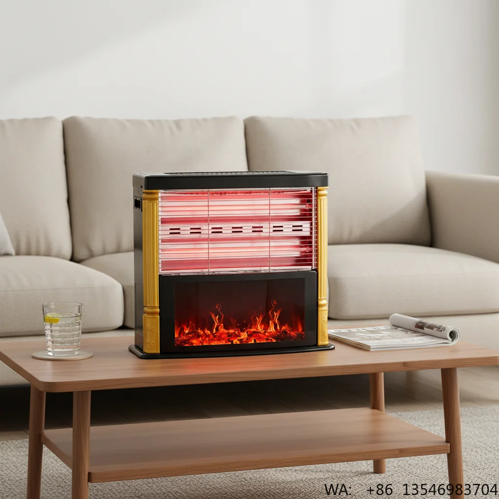 Electric Fireplace Infrared Heater Metal Body 3 Quartz Tubes Flame Safety Tip-over Switch CE ROHS for Bedroom and Office