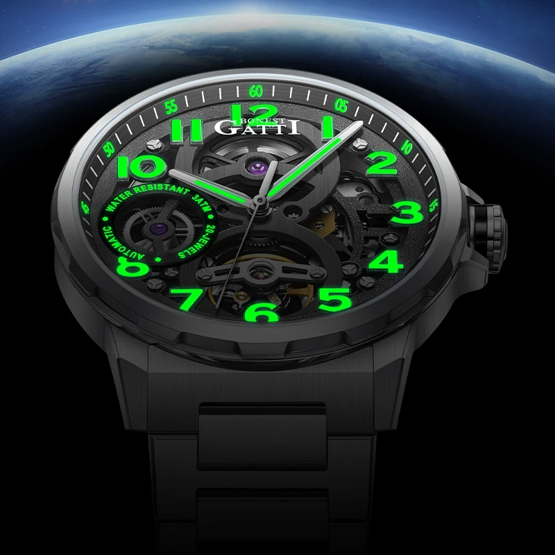 BONEST GATTI 8010 ساعة يد ميكانيكية أوتوماتيكية فاخرة على الموضة للرجال ساعة يد دائرية خاصة