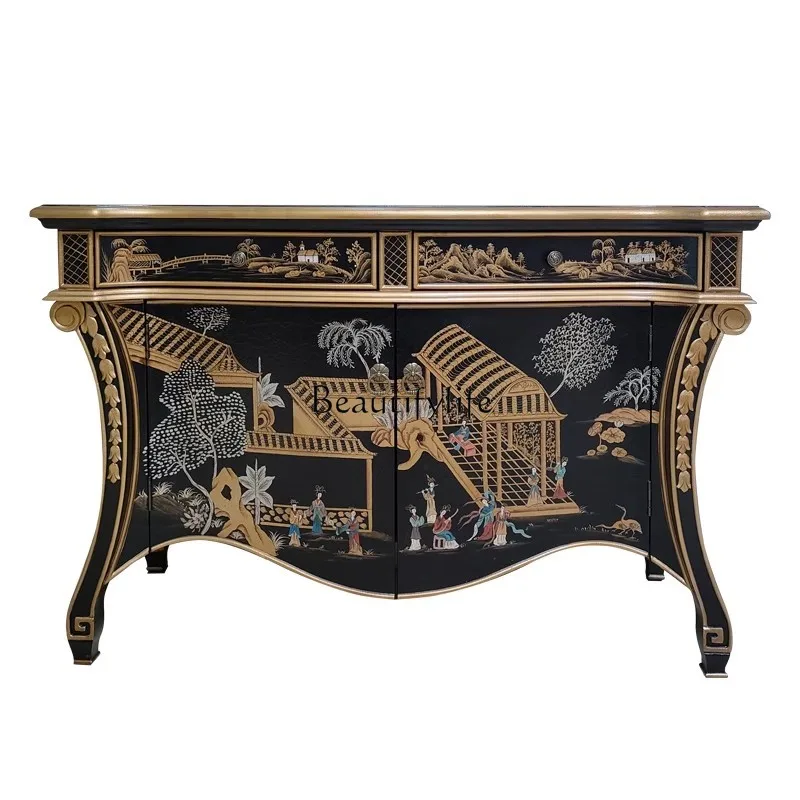 

American side cabinet retro old storage decoration painted art, entrance cabinet neoclassical European carving