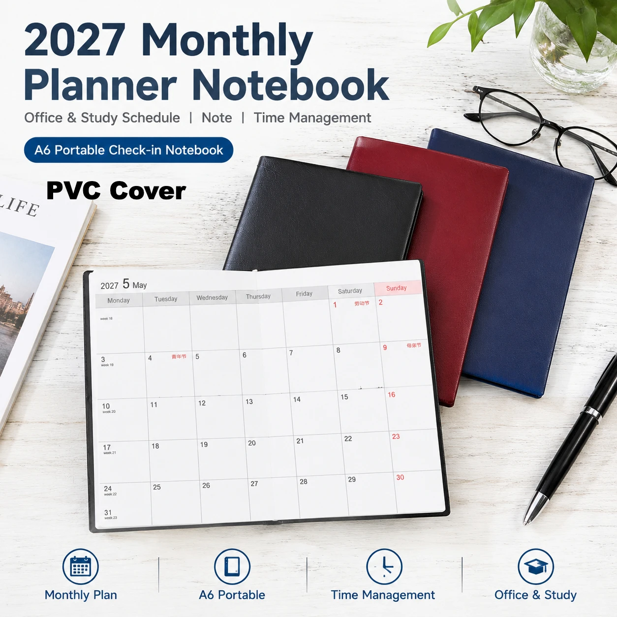 2027 A6 Monthly Planner Notebook Portable PVC Cover Monthly Agenda Book Student Office Daily Time Management Schedule Stationery